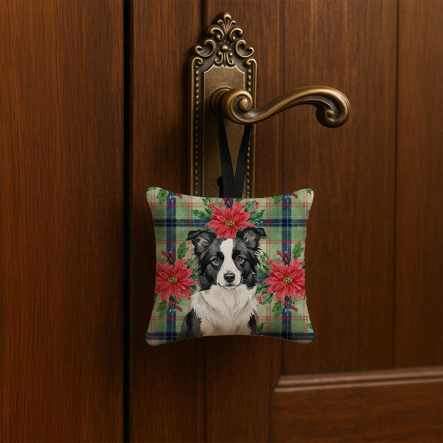 Border Collie Christmas PoinsettIas Hanging Square Fabric Ornament 3.5 � 3.5 Decorative Door-Knob & Tree Hanger, Soft Fabric