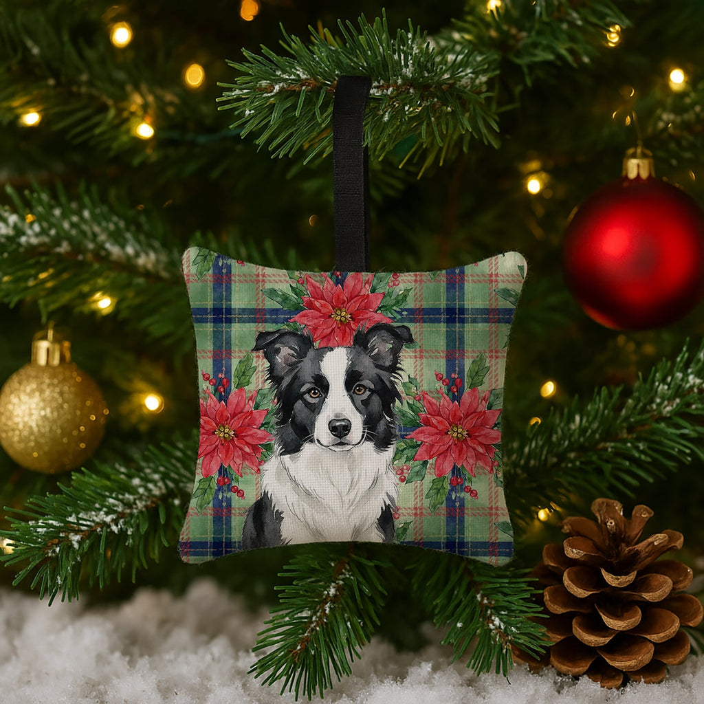 Border Collie Christmas PoinsettIas Hanging Square Fabric Ornament 3.5 � 3.5 Decorative Door-Knob & Tree Hanger, Soft Fabric