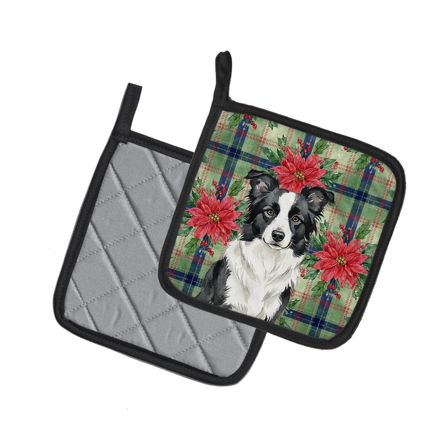 Border Collie Christmas PoinsettIas Pot Holder Set of 2 Heat Resistant Quilted Hot Pads 7.5 x 7.5 Inch, Insulated Kitchen Trivets for Cooking & Baking