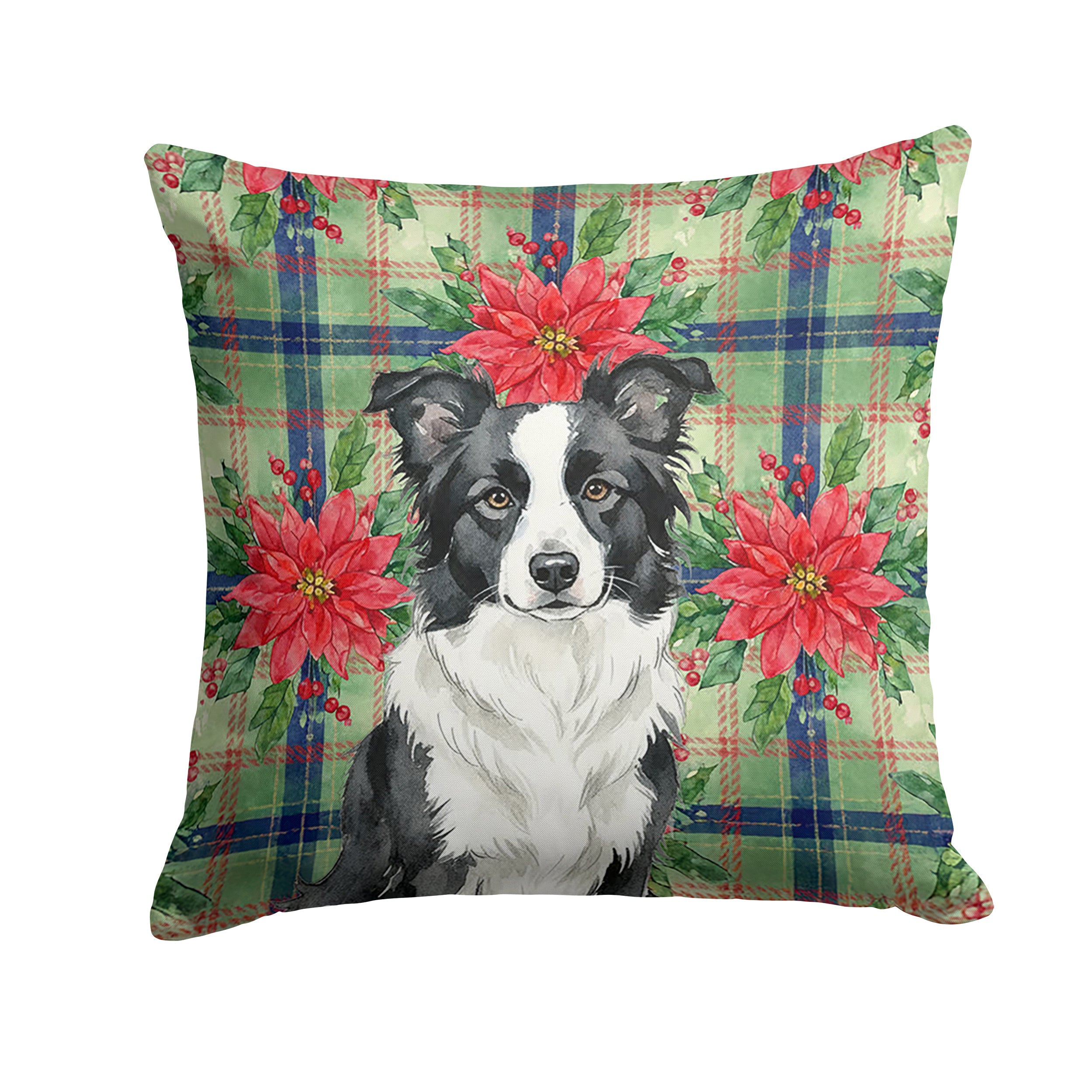 Border Collie Christmas PoinsettIas Decorative Throw Pillow 14x14 Indoor Outdoor Accent Cushion, Fabric Cover with Insert for Sofa, Bed, Porch & Living Room
