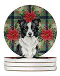 Border Collie Christmas PoinsettIas Large Sandstone Coasters Pack of 4 Absorbent Round Coasters Decor Gifts for Men or Women, 4 in, Multicolor