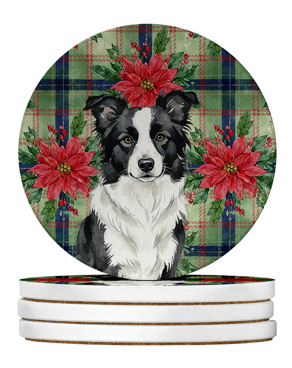 Border Collie Christmas PoinsettIas Large Sandstone Coasters Pack of 4 Absorbent Round Coasters Decor Gifts for Men or Women, 4 in, Multicolor