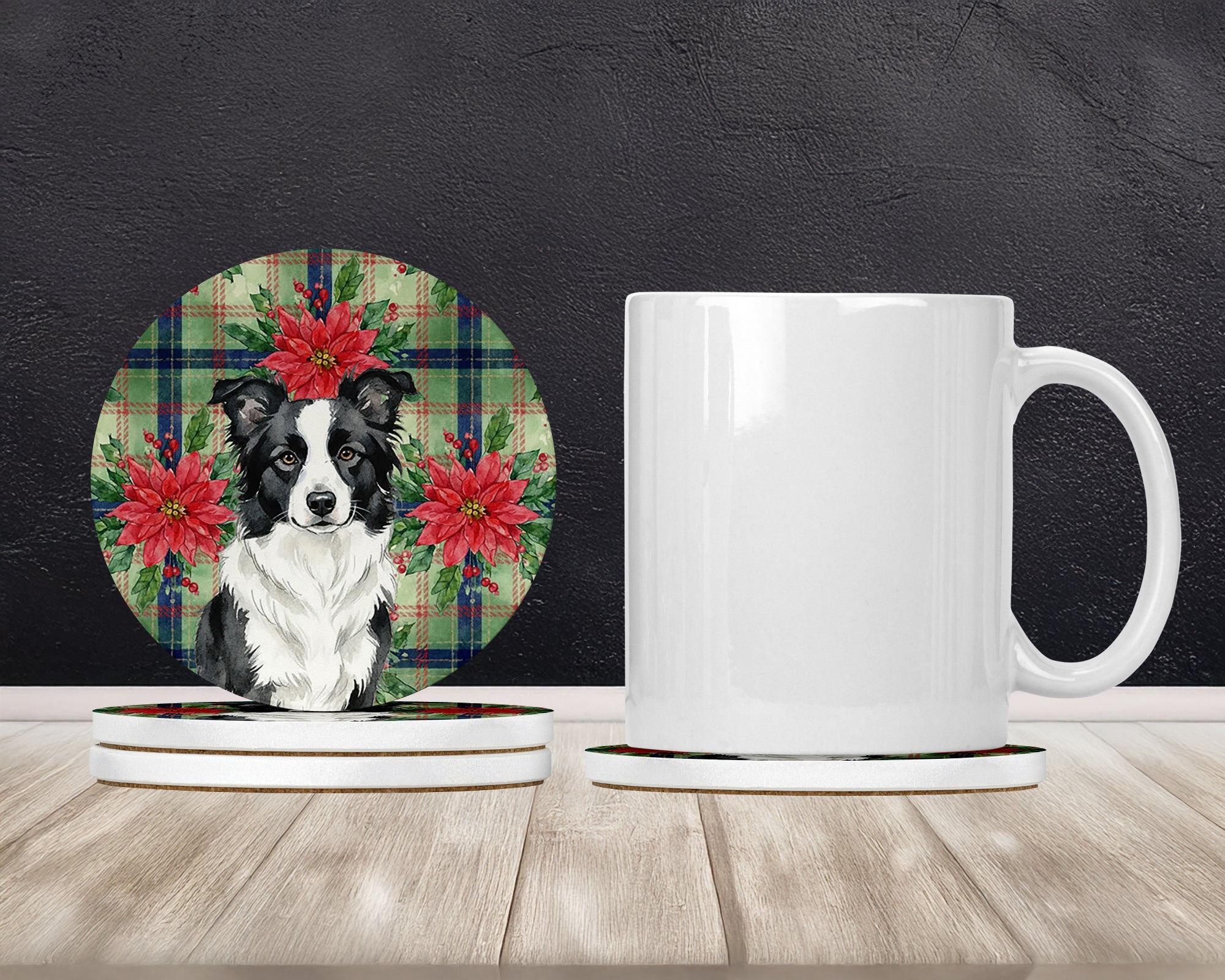 Border Collie Christmas PoinsettIas Large Sandstone Coasters Pack of 4 Absorbent Round Coasters Decor Gifts for Men or Women, 4 in, Multicolor