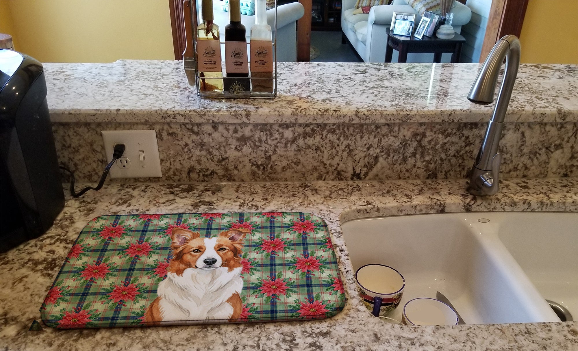 Red and White Border Collie Christmas PoinsettIas Dish Drying Mat Absorbent Dish Drying Mat Pad for Kitchen Counter Dish Drainer Mat for Countertop, 14 x 21", Multicolor