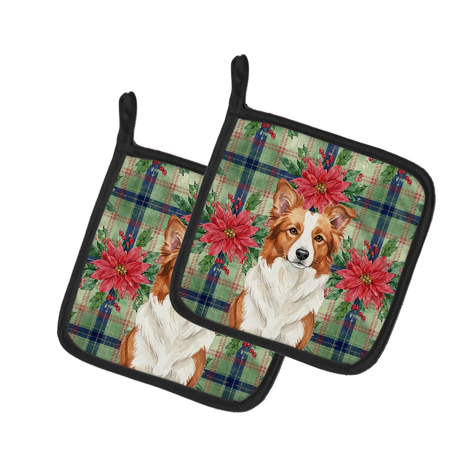 Red and White Border Collie Christmas PoinsettIas Pot Holder Set of 2 Heat Resistant Quilted Hot Pads 7.5 x 7.5 Inch, Insulated Kitchen Trivets for Cooking & Baking