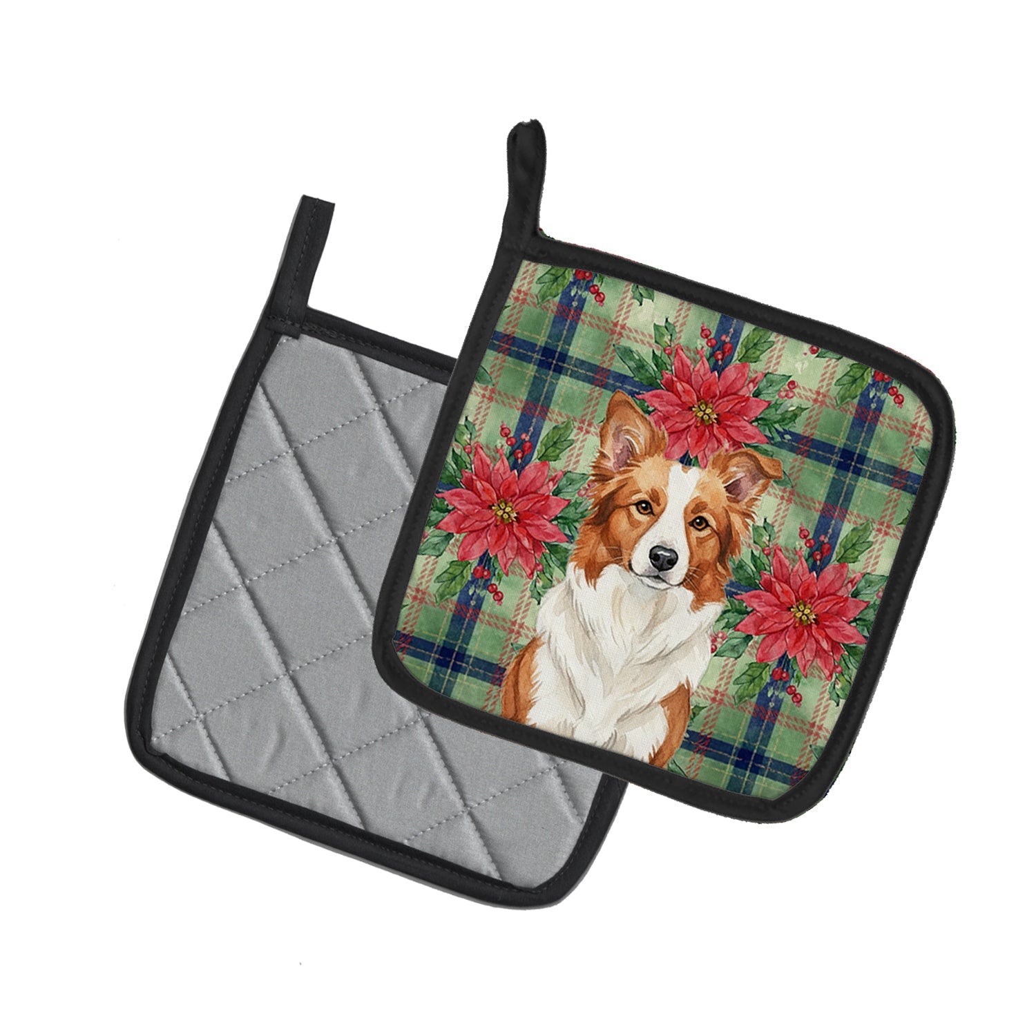Red and White Border Collie Christmas PoinsettIas Pot Holder Set of 2 Heat Resistant Quilted Hot Pads 7.5 x 7.5 Inch, Insulated Kitchen Trivets for Cooking & Baking