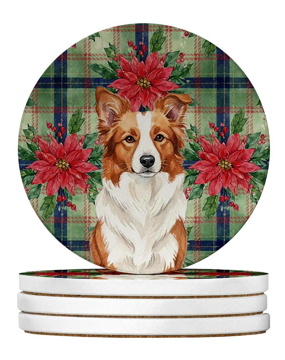 Red and White Border Collie Christmas PoinsettIas Large Sandstone Coasters Pack of 4 Absorbent Round Coasters Decor Gifts for Men or Women, 4 in, Multicolor