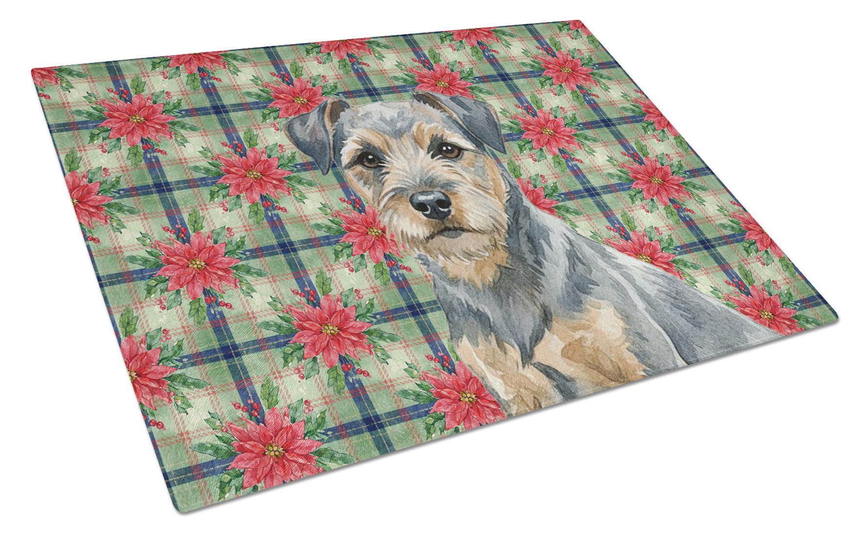 Blue and Tan Border Terrier Christmas PoinsettIas Cutting Board Tempered Glass Kitchen Cutting Surface, Heat Resistant Chopping, Non-Slip Feet, Food Prep & Serving