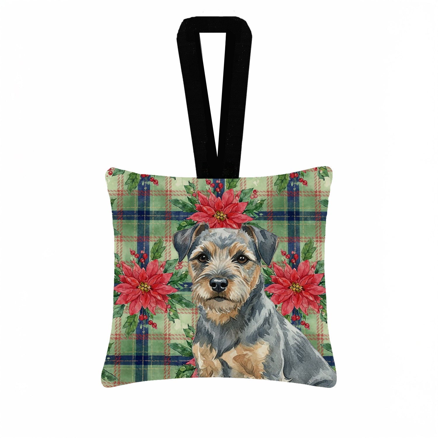 Blue and Tan Border Terrier Christmas PoinsettIas Hanging Square Fabric Ornament 3.5 � 3.5 Decorative Door-Knob & Tree Hanger, Soft Fabric