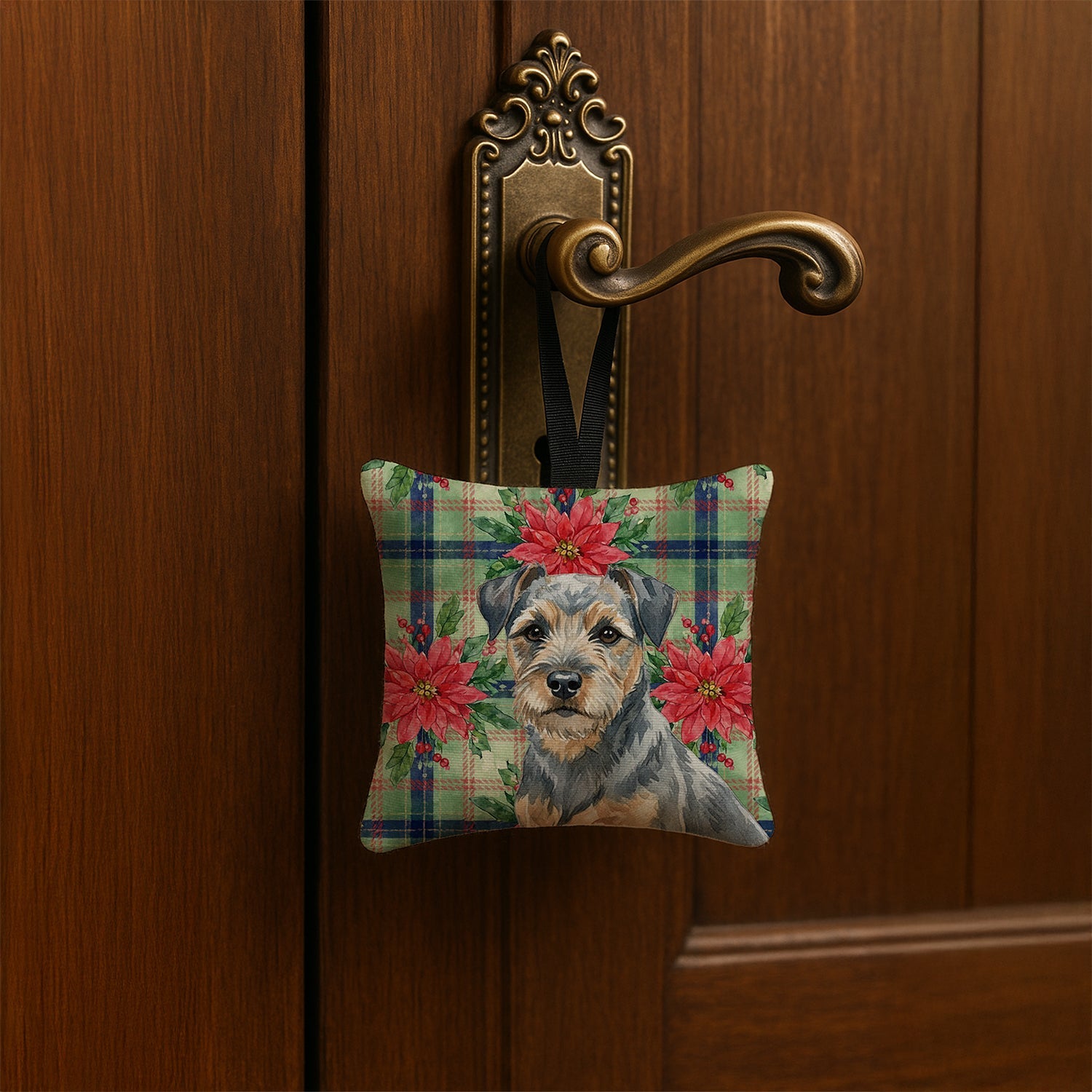 Blue and Tan Border Terrier Christmas PoinsettIas Hanging Square Fabric Ornament 3.5 � 3.5 Decorative Door-Knob & Tree Hanger, Soft Fabric