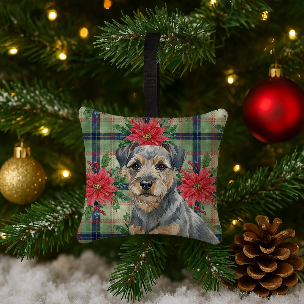 Blue and Tan Border Terrier Christmas PoinsettIas Hanging Square Fabric Ornament 3.5 � 3.5 Decorative Door-Knob & Tree Hanger, Soft Fabric