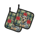 Blue and Tan Border Terrier Christmas PoinsettIas Pot Holder Set of 2 Heat Resistant Quilted Hot Pads 7.5 x 7.5 Inch, Insulated Kitchen Trivets for Cooking & Baking