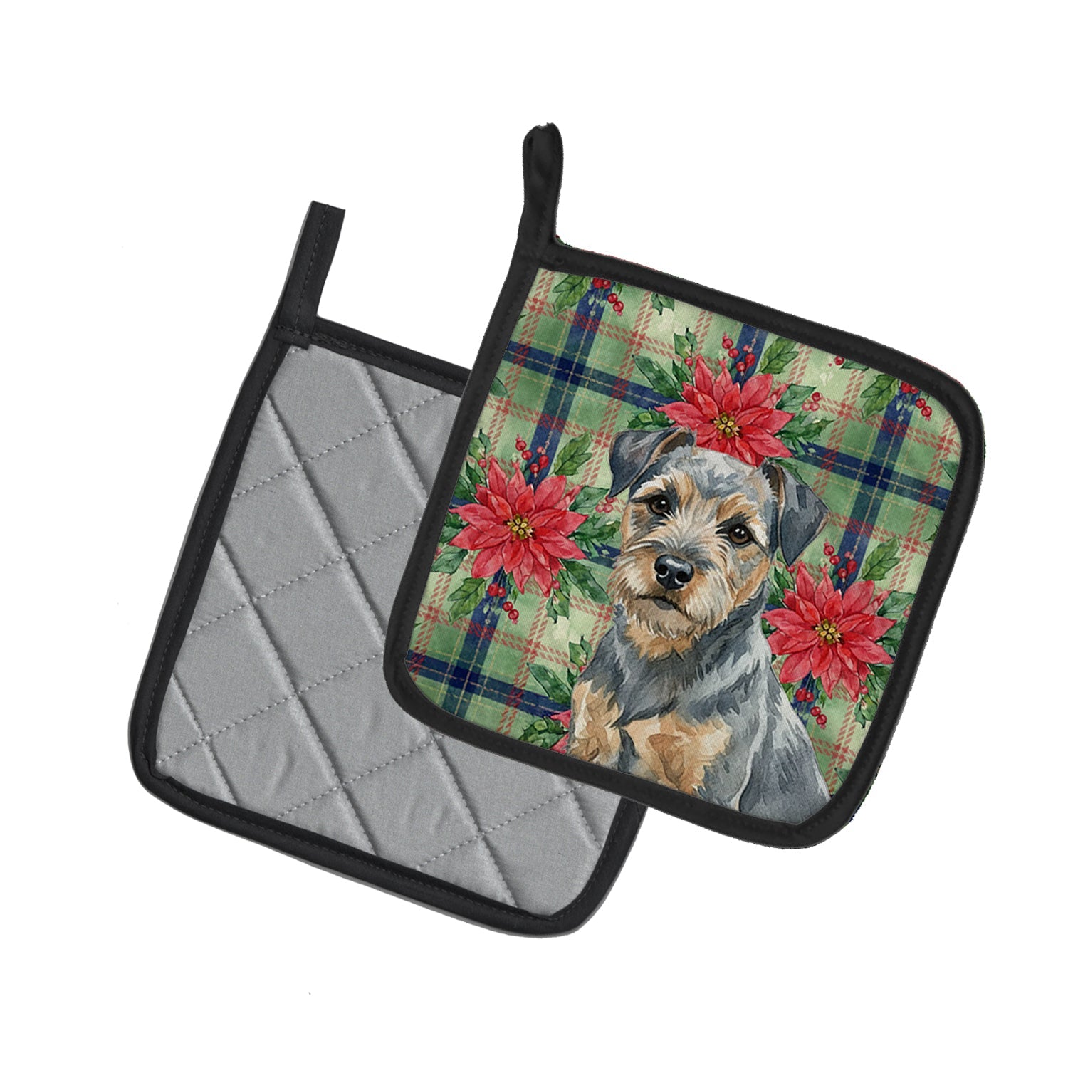 Blue and Tan Border Terrier Christmas PoinsettIas Pot Holder Set of 2 Heat Resistant Quilted Hot Pads 7.5 x 7.5 Inch, Insulated Kitchen Trivets for Cooking & Baking