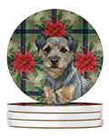 Blue and Tan Border Terrier Christmas PoinsettIas Large Sandstone Coasters Pack of 4 Absorbent Round Coasters Decor Gifts for Men or Women, 4 in, Multicolor