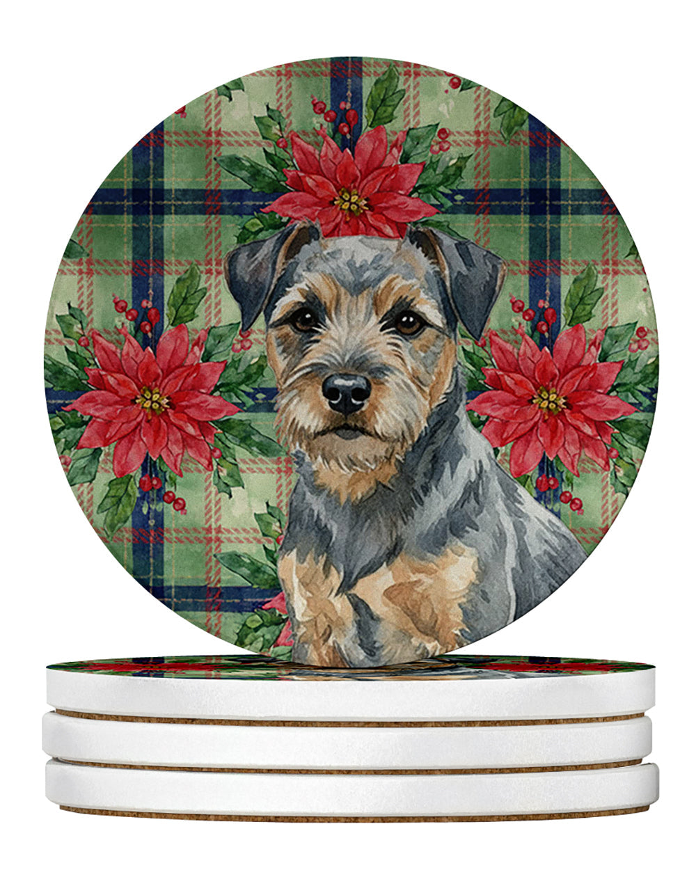 Blue and Tan Border Terrier Christmas PoinsettIas Large Sandstone Coasters Pack of 4 Absorbent Round Coasters Decor Gifts for Men or Women, 4 in, Multicolor