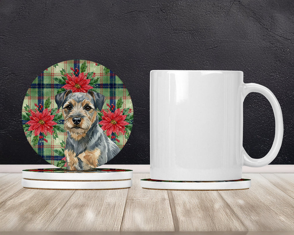 Blue and Tan Border Terrier Christmas PoinsettIas Large Sandstone Coasters Pack of 4 Absorbent Round Coasters Decor Gifts for Men or Women, 4 in, Multicolor