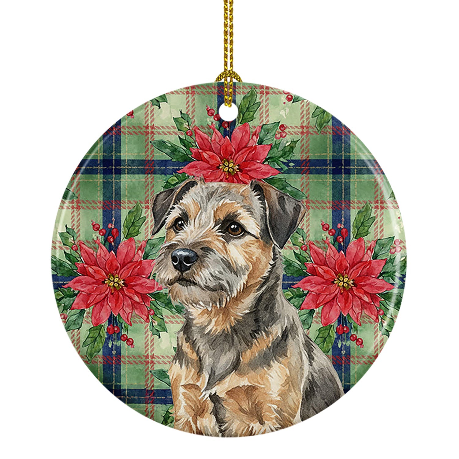 Grizzle and Tan Border Terrier Christmas PoinsettIas Ceramic Ornament Christmas Tree Hanging Decorations for Home Christmas Holiday, Party, Gift, 3 in, Multicolor