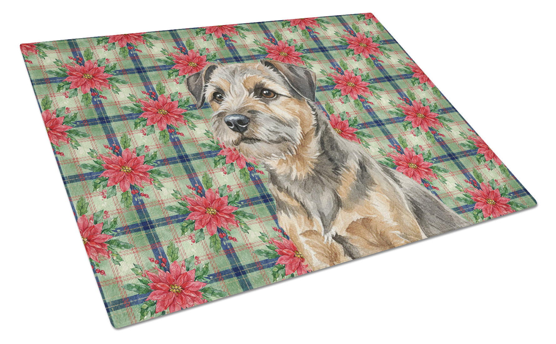 Grizzle and Tan Border Terrier Christmas PoinsettIas Cutting Board Tempered Glass Kitchen Cutting Surface, Heat Resistant Chopping, Non-Slip Feet, Food Prep & Serving