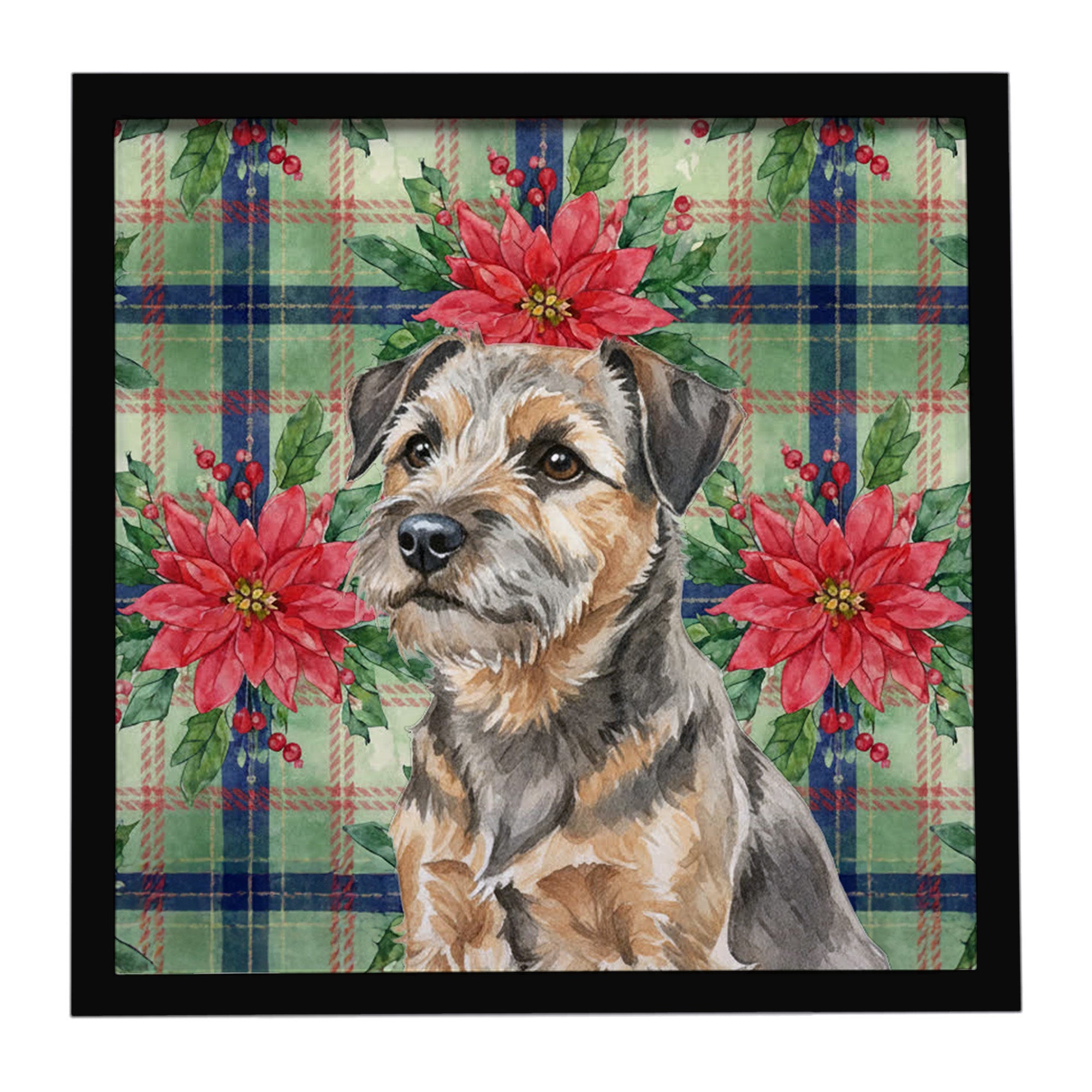 Grizzle and Tan Border Terrier Christmas PoinsettIas Framed Metal Print Bathroom, Kitchen, Office, Home Decor Wall Art Ready to Hang, Square, 8X8