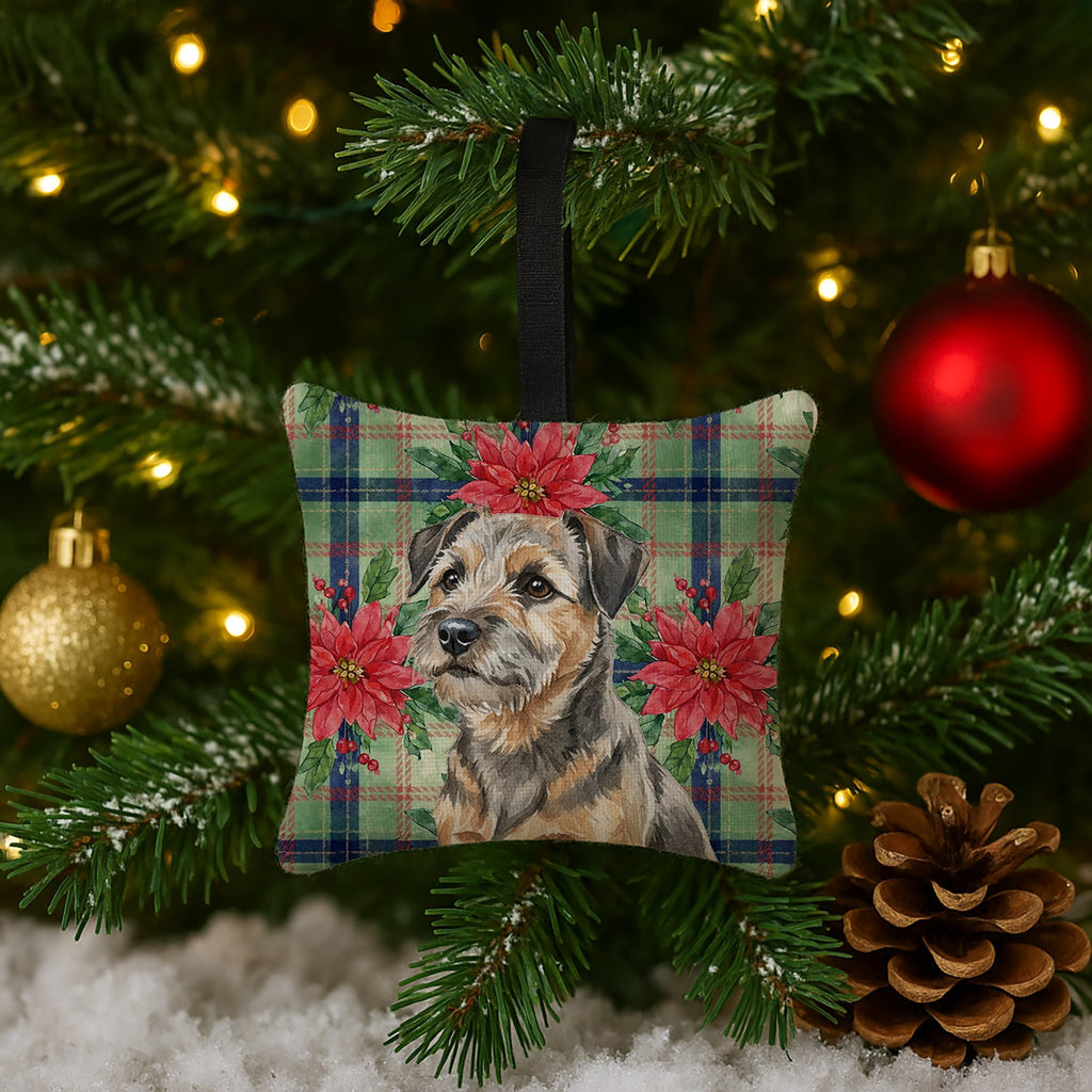 Grizzle and Tan Border Terrier Christmas PoinsettIas Hanging Square Fabric Ornament 3.5 � 3.5 Decorative Door-Knob & Tree Hanger, Soft Fabric