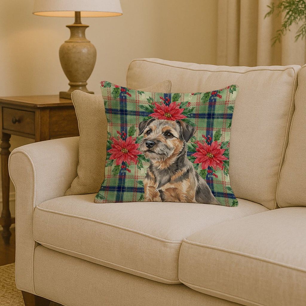 Grizzle and Tan Border Terrier Christmas PoinsettIas Decorative Throw Pillow 14x14 Indoor Outdoor Accent Cushion, Fabric Cover with Insert for Sofa, Bed, Porch & Living Room