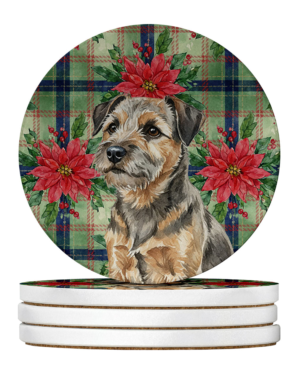 Grizzle and Tan Border Terrier Christmas PoinsettIas Large Sandstone Coasters Pack of 4 Absorbent Round Coasters Decor Gifts for Men or Women, 4 in, Multicolor