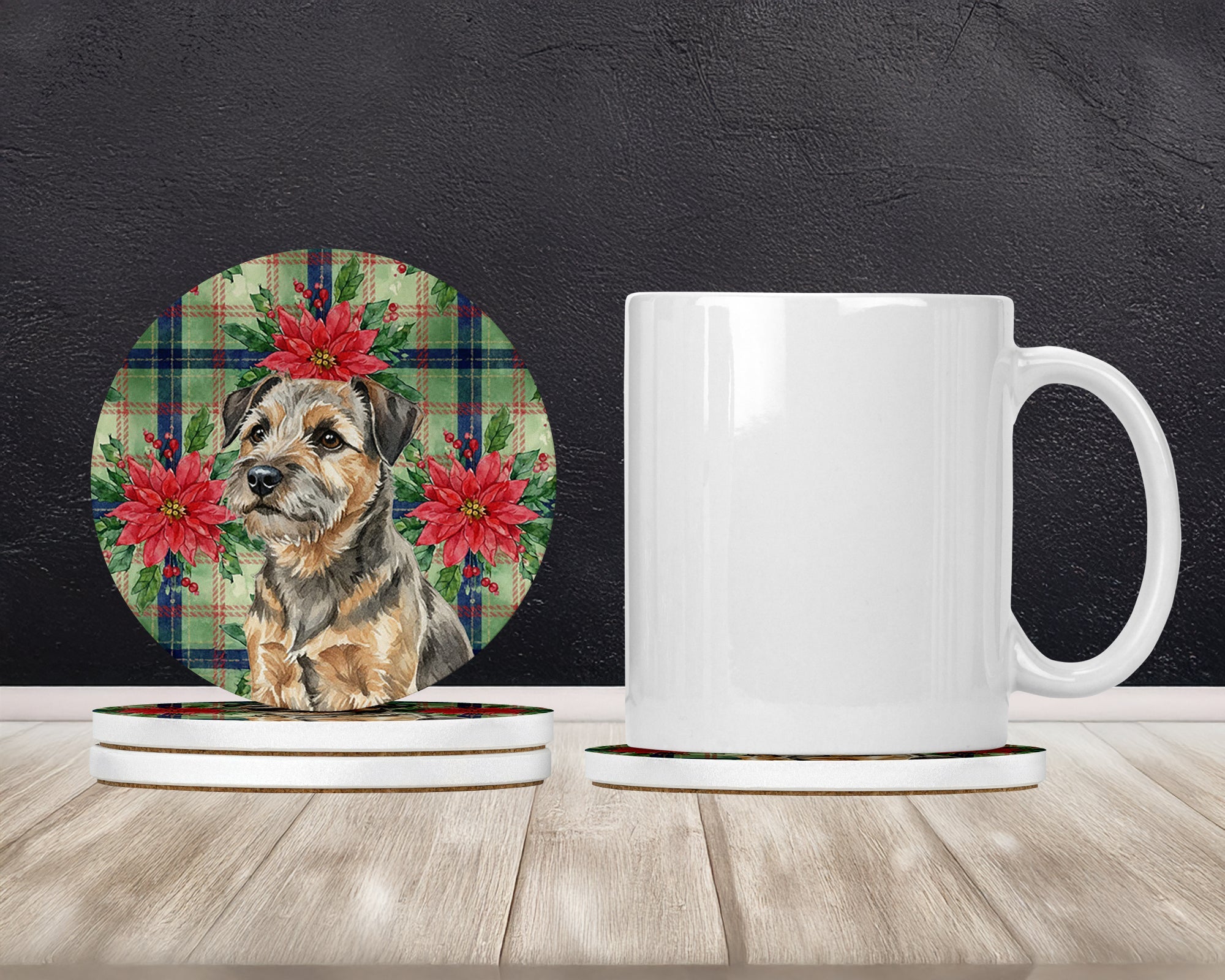 Grizzle and Tan Border Terrier Christmas PoinsettIas Large Sandstone Coasters Pack of 4 Absorbent Round Coasters Decor Gifts for Men or Women, 4 in, Multicolor