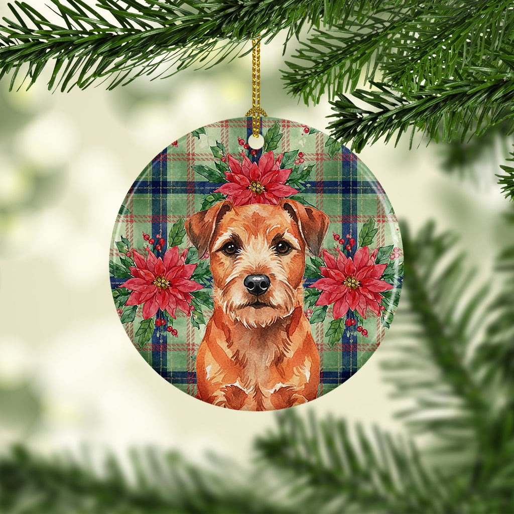 Red Border Terrier Christmas PoinsettIas Ceramic Ornament Christmas Tree Hanging Decorations for Home Christmas Holiday, Party, Gift, 3 in, Multicolor