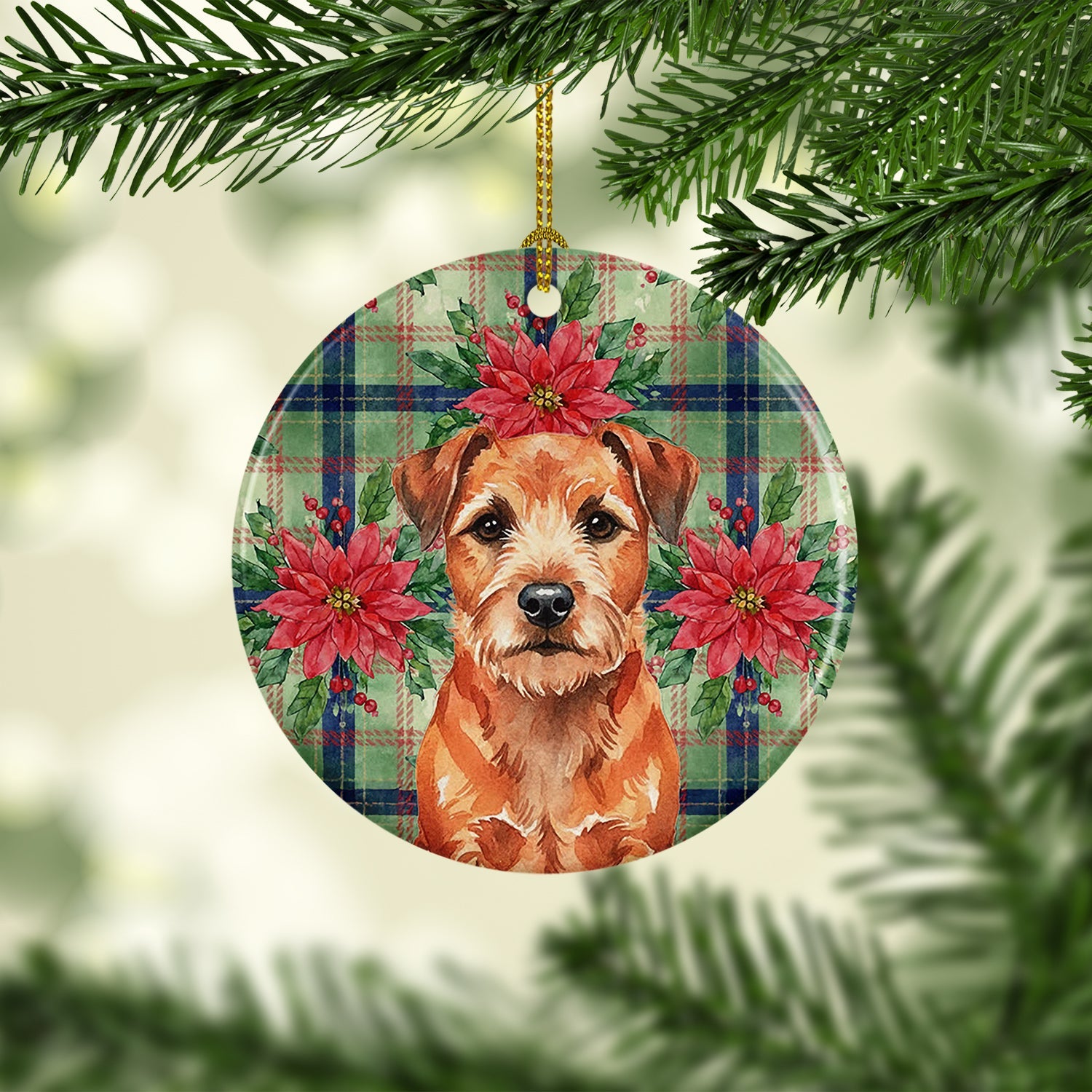 Red Border Terrier Christmas PoinsettIas Ceramic Ornament Christmas Tree Hanging Decorations for Home Christmas Holiday, Party, Gift, 3 in, Multicolor