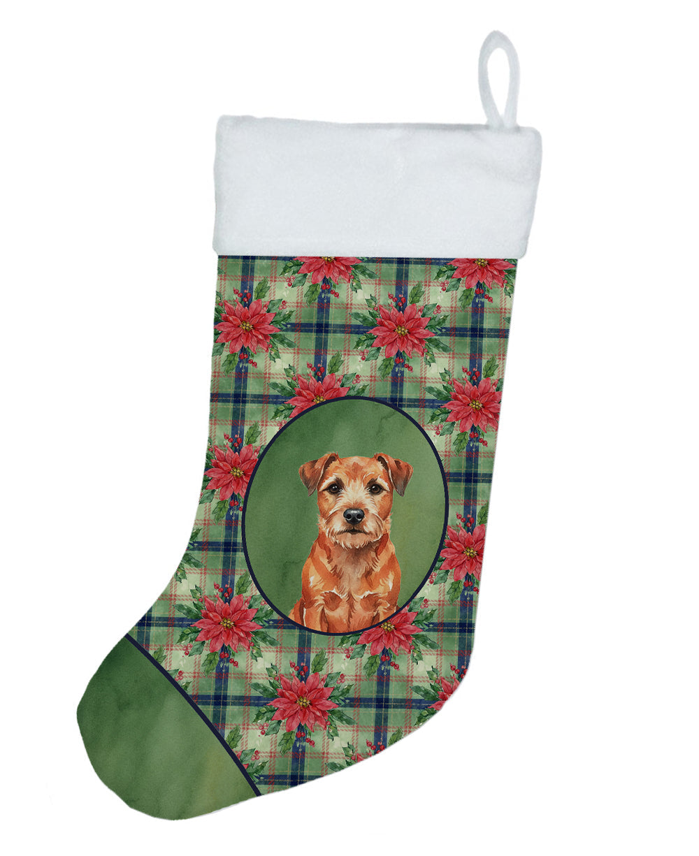 Red Border Terrier Christmas PoinsettIas Holiday Stocking Double-Sided Print, Polyester Suede,11x18, Made in USA