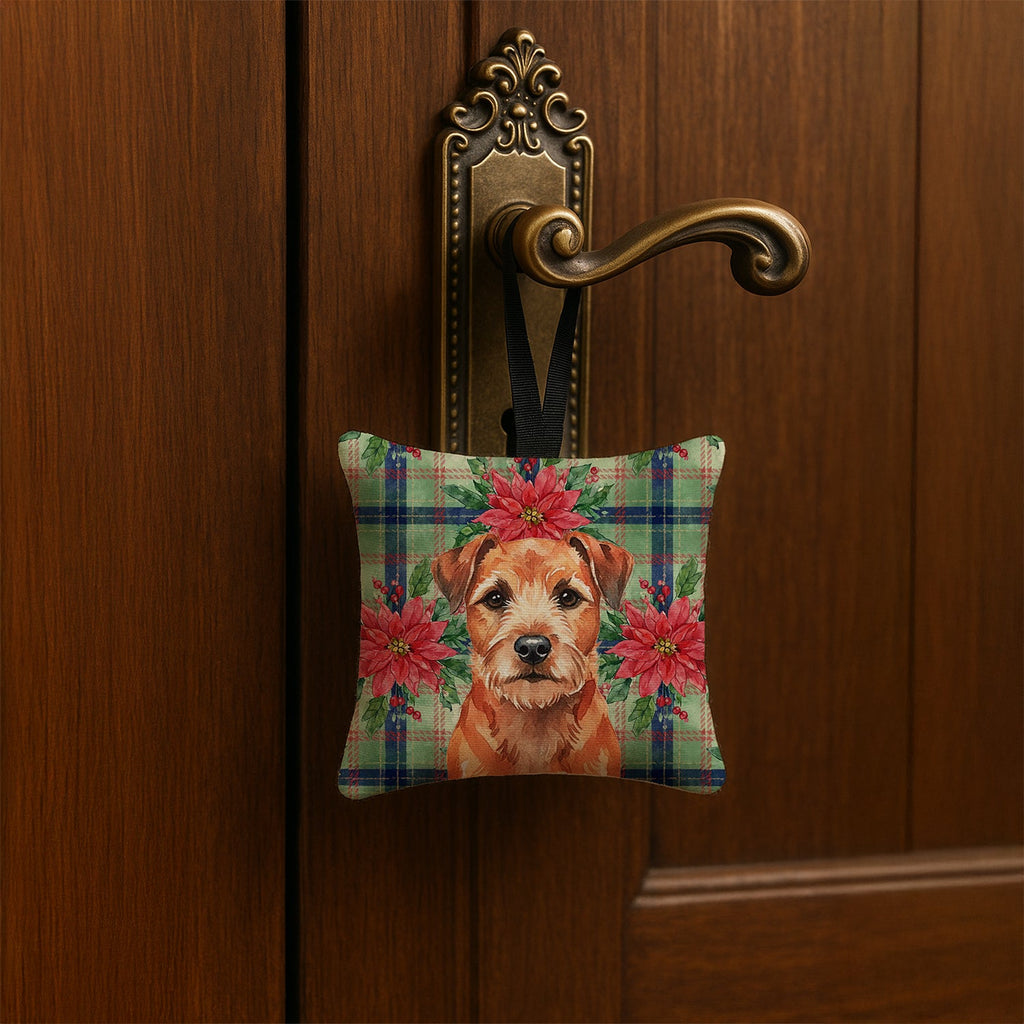 Red Border Terrier Christmas PoinsettIas Hanging Square Fabric Ornament 3.5 � 3.5 Decorative Door-Knob & Tree Hanger, Soft Fabric