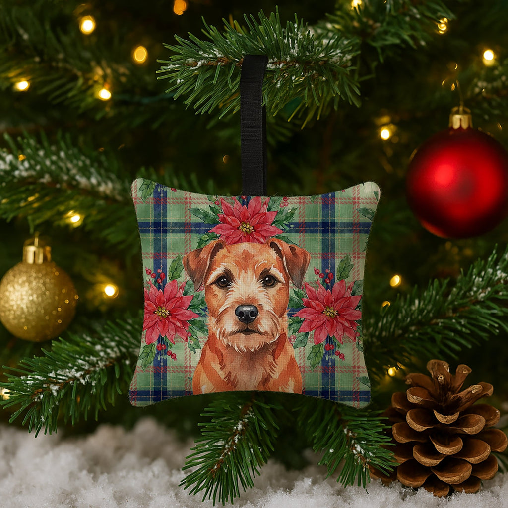 Red Border Terrier Christmas PoinsettIas Hanging Square Fabric Ornament 3.5 � 3.5 Decorative Door-Knob & Tree Hanger, Soft Fabric