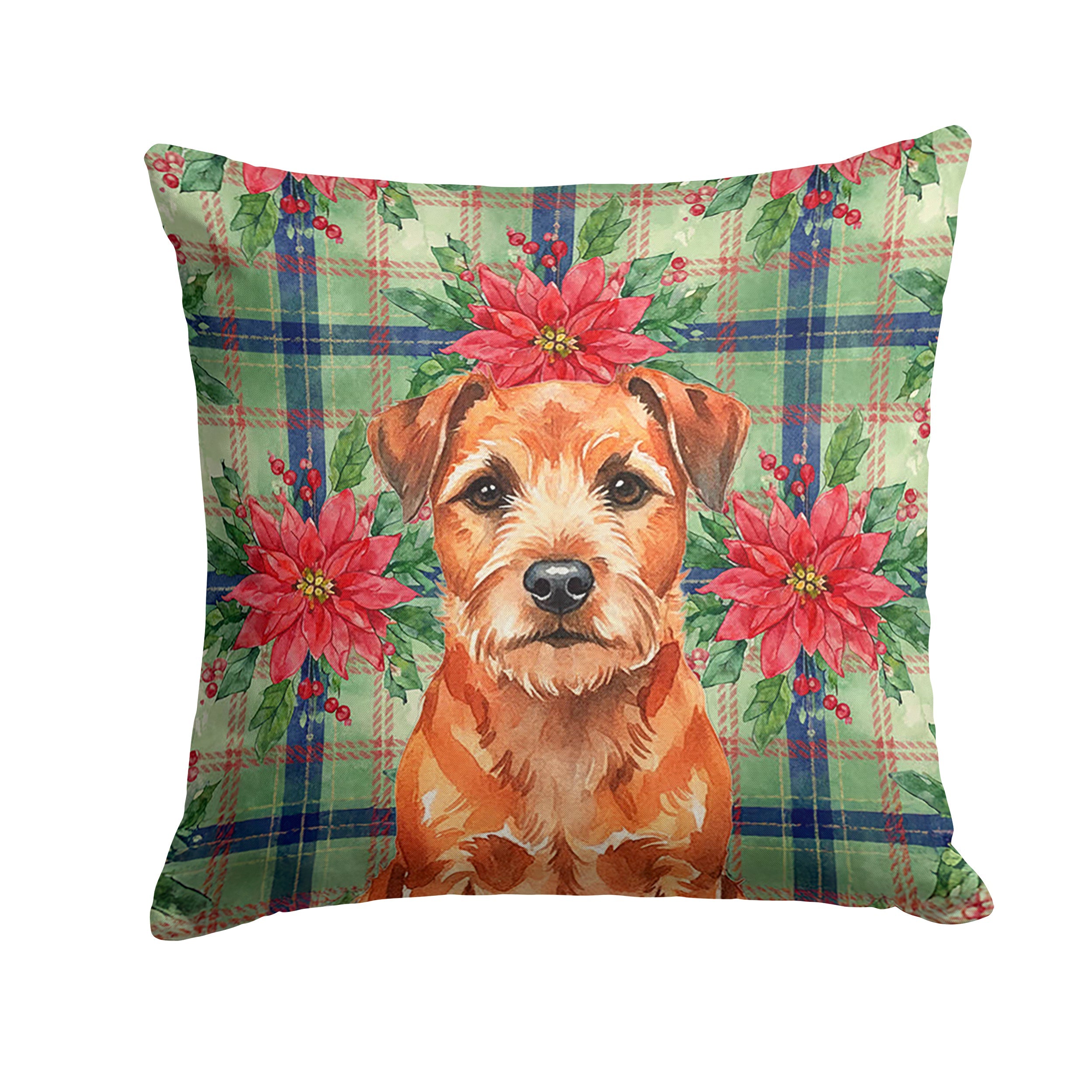 Red Border Terrier Christmas PoinsettIas Decorative Throw Pillow 14x14 Indoor Outdoor Accent Cushion, Fabric Cover with Insert for Sofa, Bed, Porch & Living Room