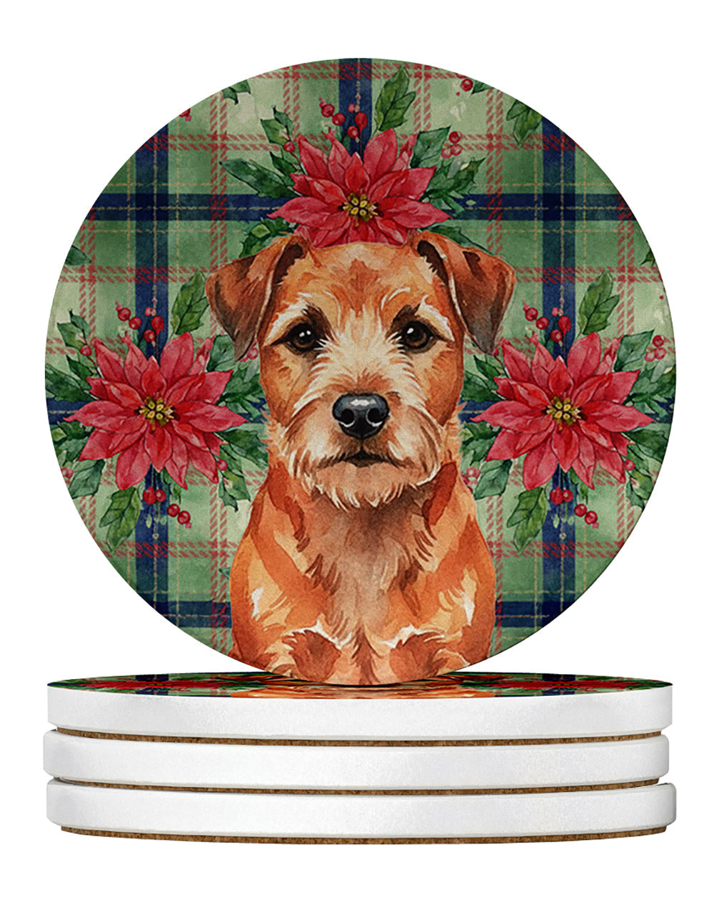 Red Border Terrier Christmas PoinsettIas Large Sandstone Coasters Pack of 4 Absorbent Round Coasters Decor Gifts for Men or Women, 4 in, Multicolor