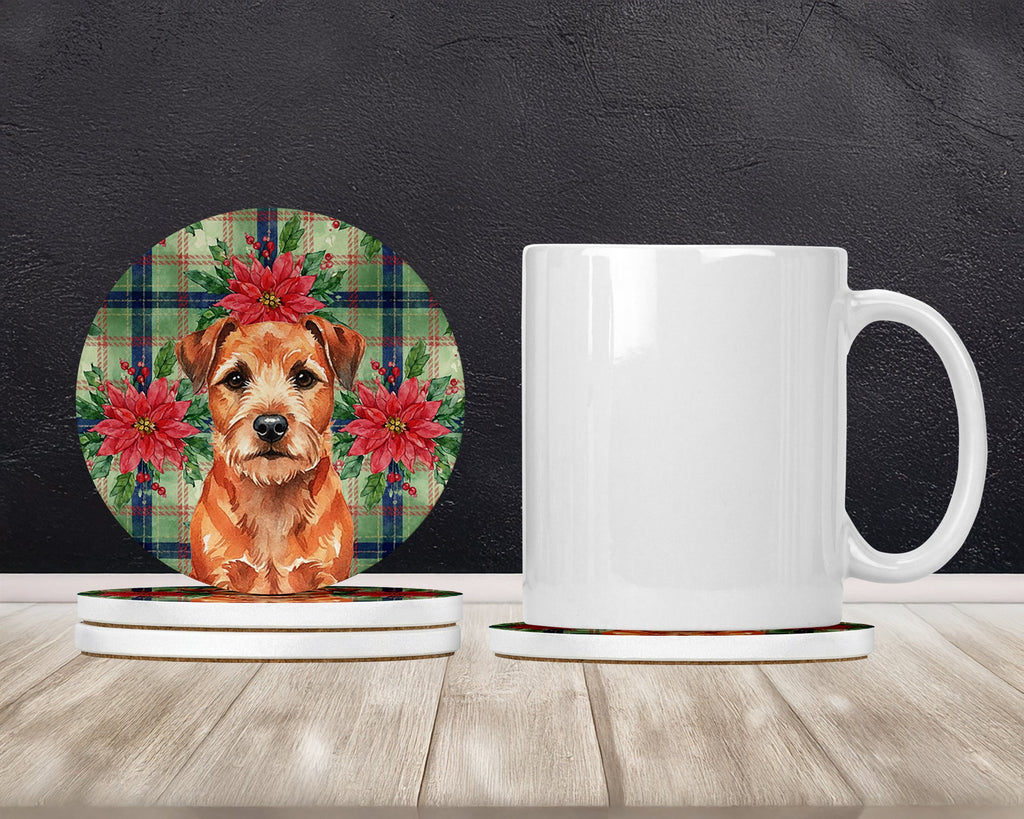 Red Border Terrier Christmas PoinsettIas Large Sandstone Coasters Pack of 4 Absorbent Round Coasters Decor Gifts for Men or Women, 4 in, Multicolor