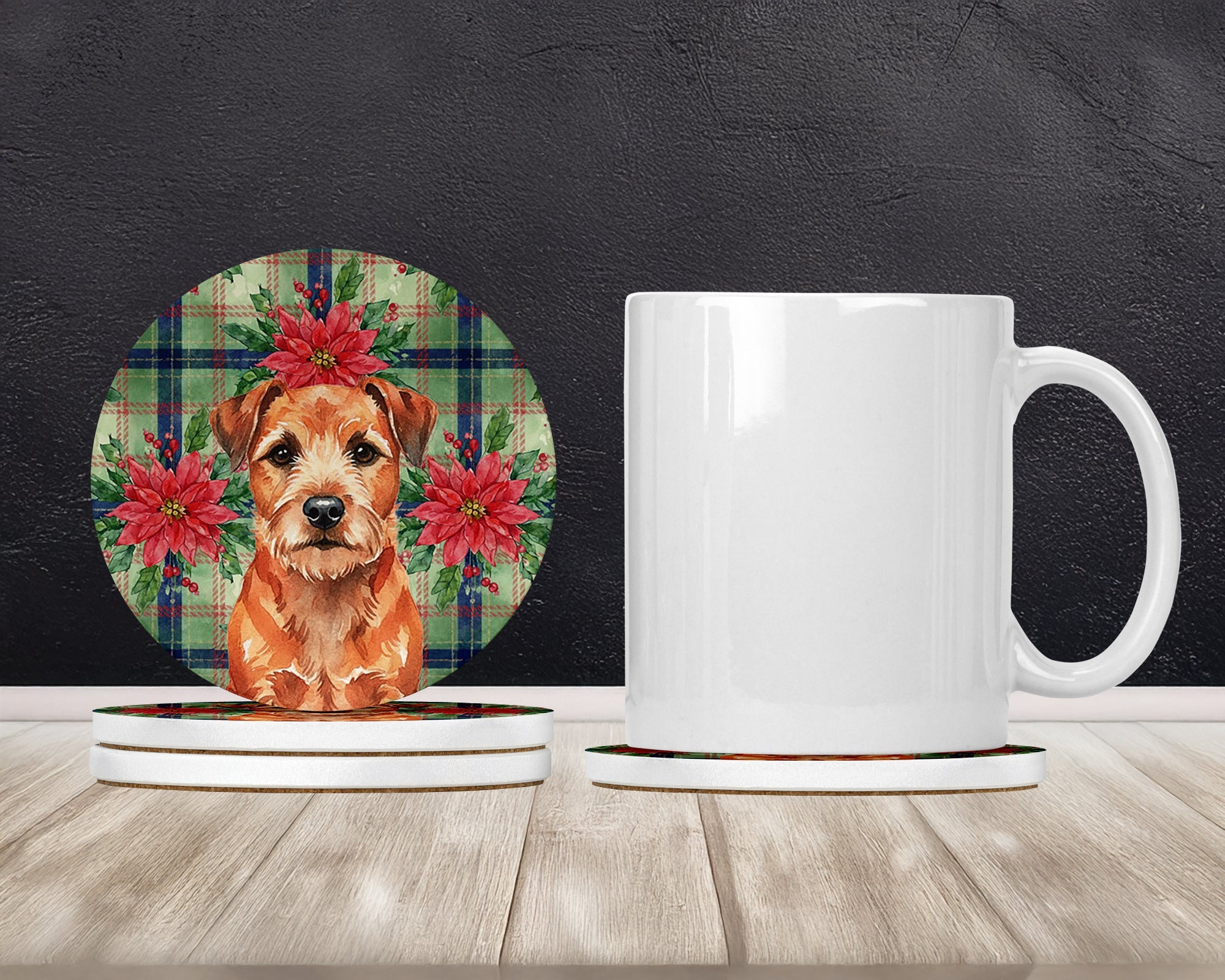 Red Border Terrier Christmas PoinsettIas Large Sandstone Coasters Pack of 4 Absorbent Round Coasters Decor Gifts for Men or Women, 4 in, Multicolor