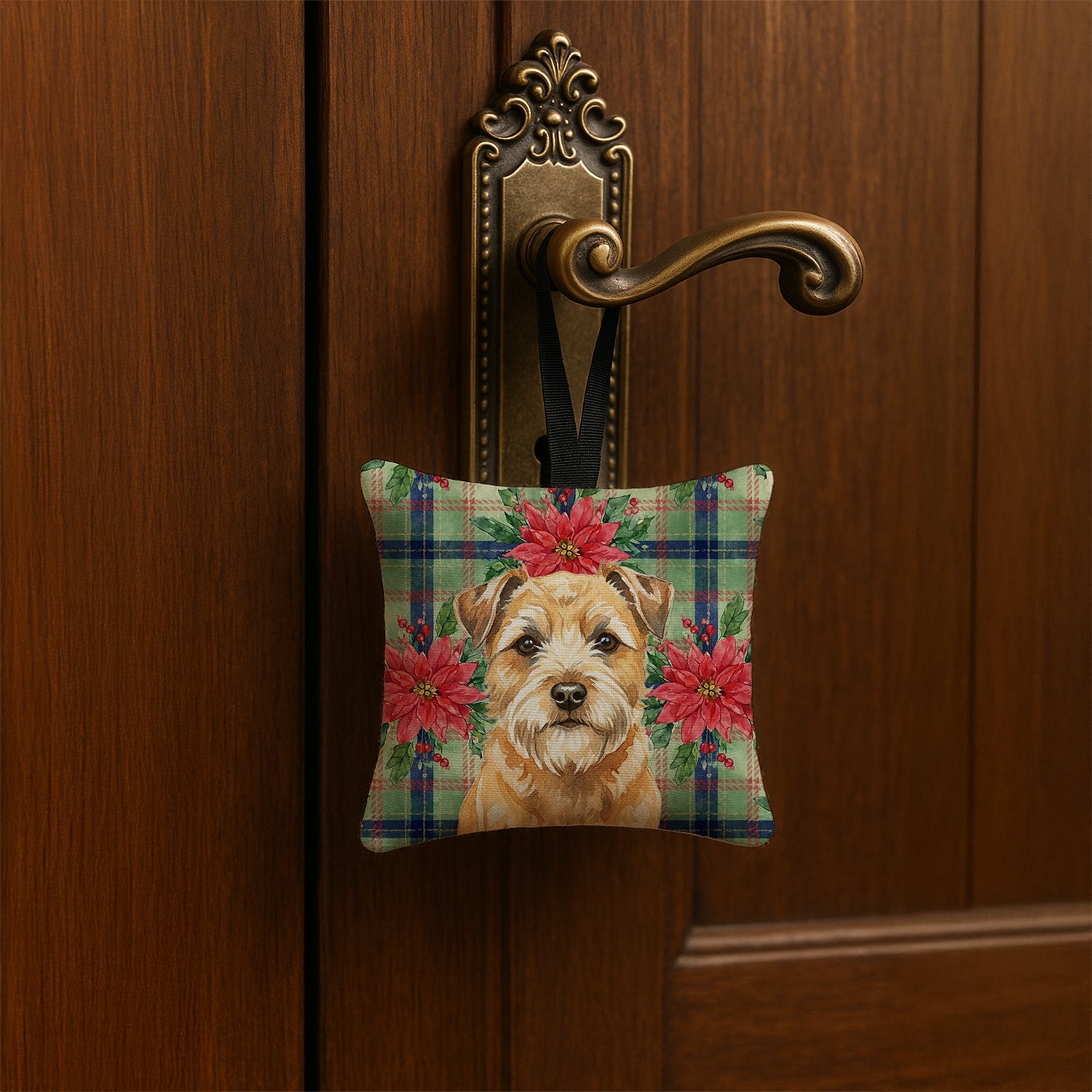 Wheaten Border Terrier Christmas PoinsettIas Hanging Square Fabric Ornament 3.5 � 3.5 Decorative Door-Knob & Tree Hanger, Soft Fabric