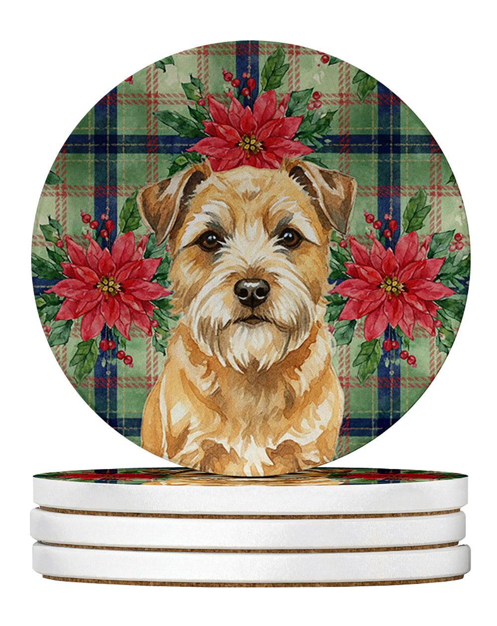 Wheaten Border Terrier Christmas PoinsettIas Large Sandstone Coasters Pack of 4 Absorbent Round Coasters Decor Gifts for Men or Women, 4 in, Multicolor