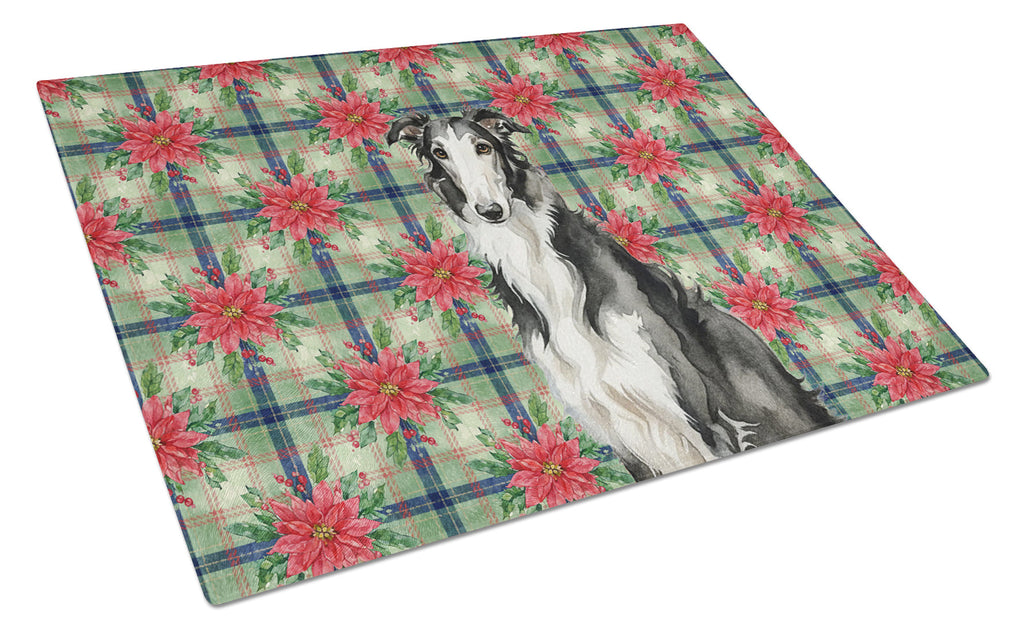 Black and White Borzoi Christmas PoinsettIas Cutting Board Tempered Glass Kitchen Cutting Surface, Heat Resistant Chopping, Non-Slip Feet, Food Prep & Serving