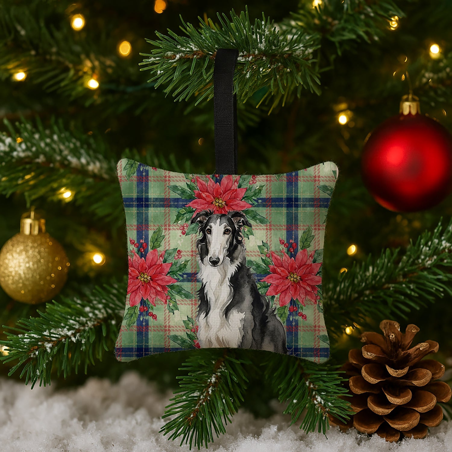 Black and White Borzoi Christmas PoinsettIas Hanging Square Fabric Ornament 3.5 � 3.5 Decorative Door-Knob & Tree Hanger, Soft Fabric