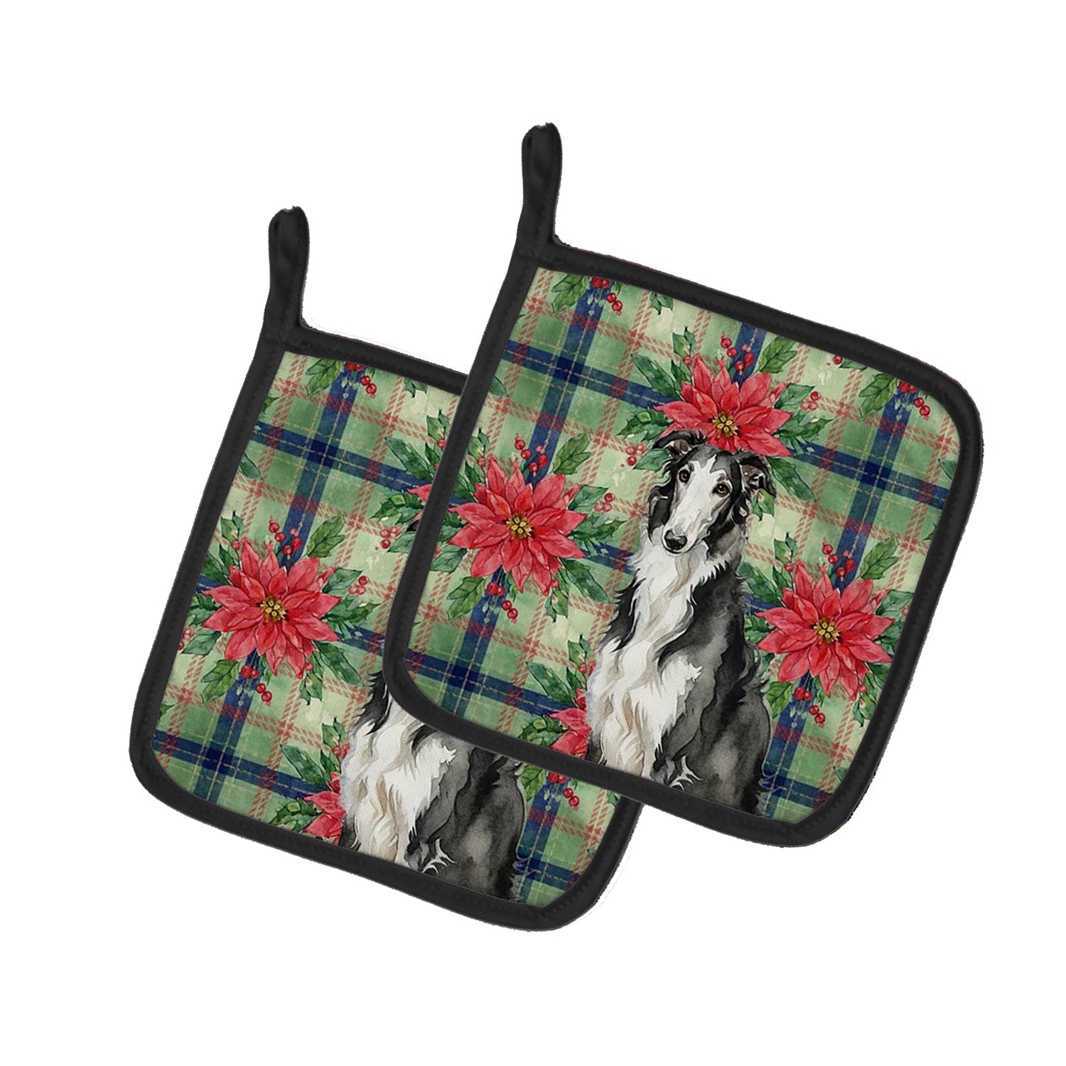 Black and White Borzoi Christmas PoinsettIas Pot Holder Set of 2 Heat Resistant Quilted Hot Pads 7.5 x 7.5 Inch, Insulated Kitchen Trivets for Cooking & Baking