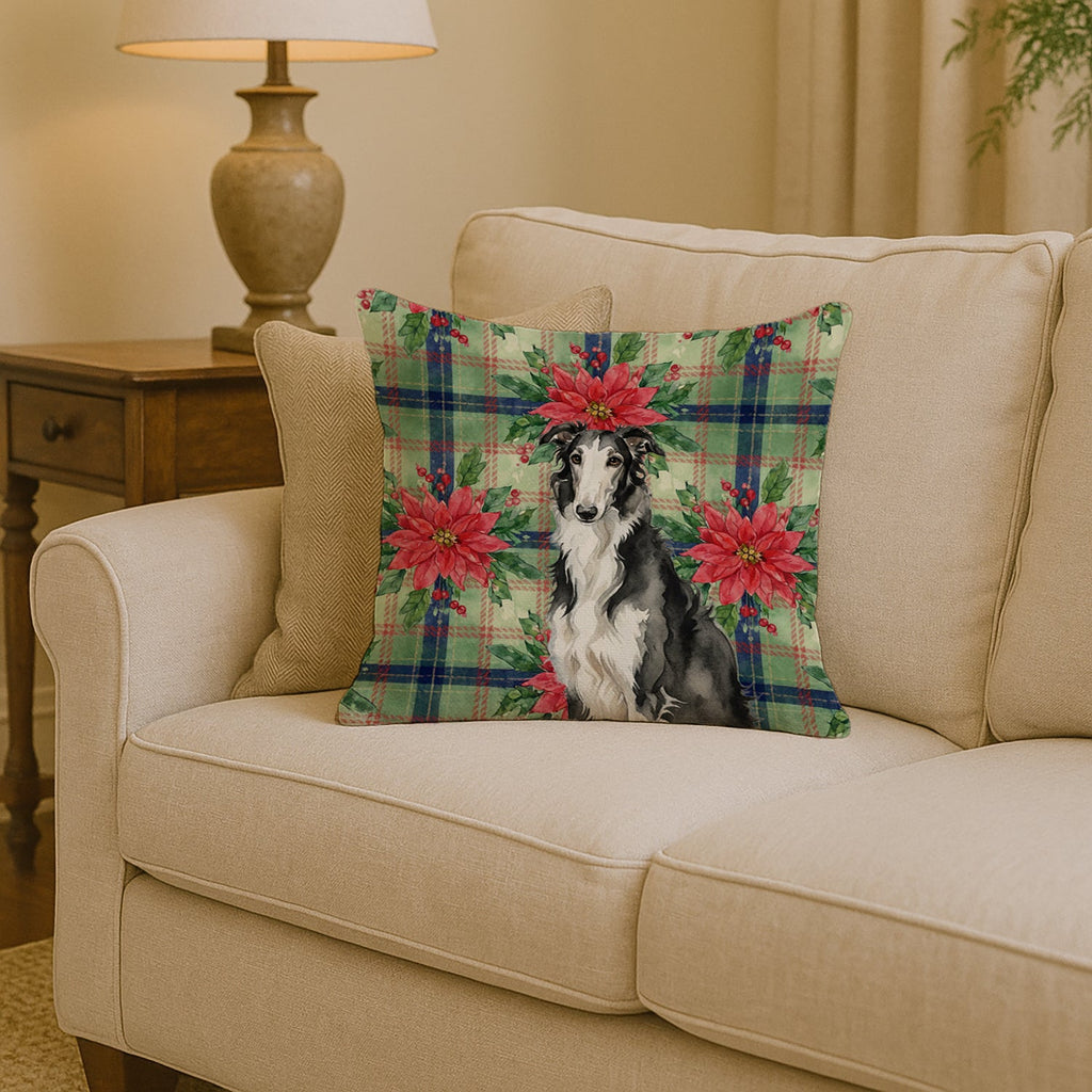 Black and White Borzoi Christmas PoinsettIas Decorative Throw Pillow 14x14 Indoor Outdoor Accent Cushion, Fabric Cover with Insert for Sofa, Bed, Porch & Living Room