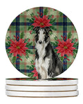 Black and White Borzoi Christmas PoinsettIas Large Sandstone Coasters Pack of 4 Absorbent Round Coasters Decor Gifts for Men or Women, 4 in, Multicolor