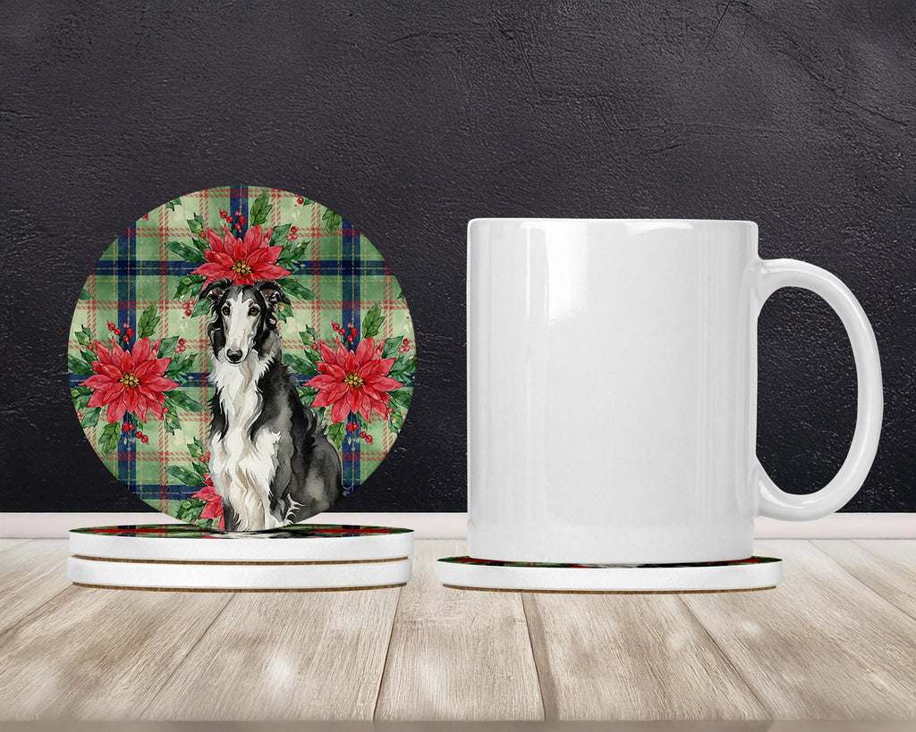 Black and White Borzoi Christmas PoinsettIas Large Sandstone Coasters Pack of 4 Absorbent Round Coasters Decor Gifts for Men or Women, 4 in, Multicolor
