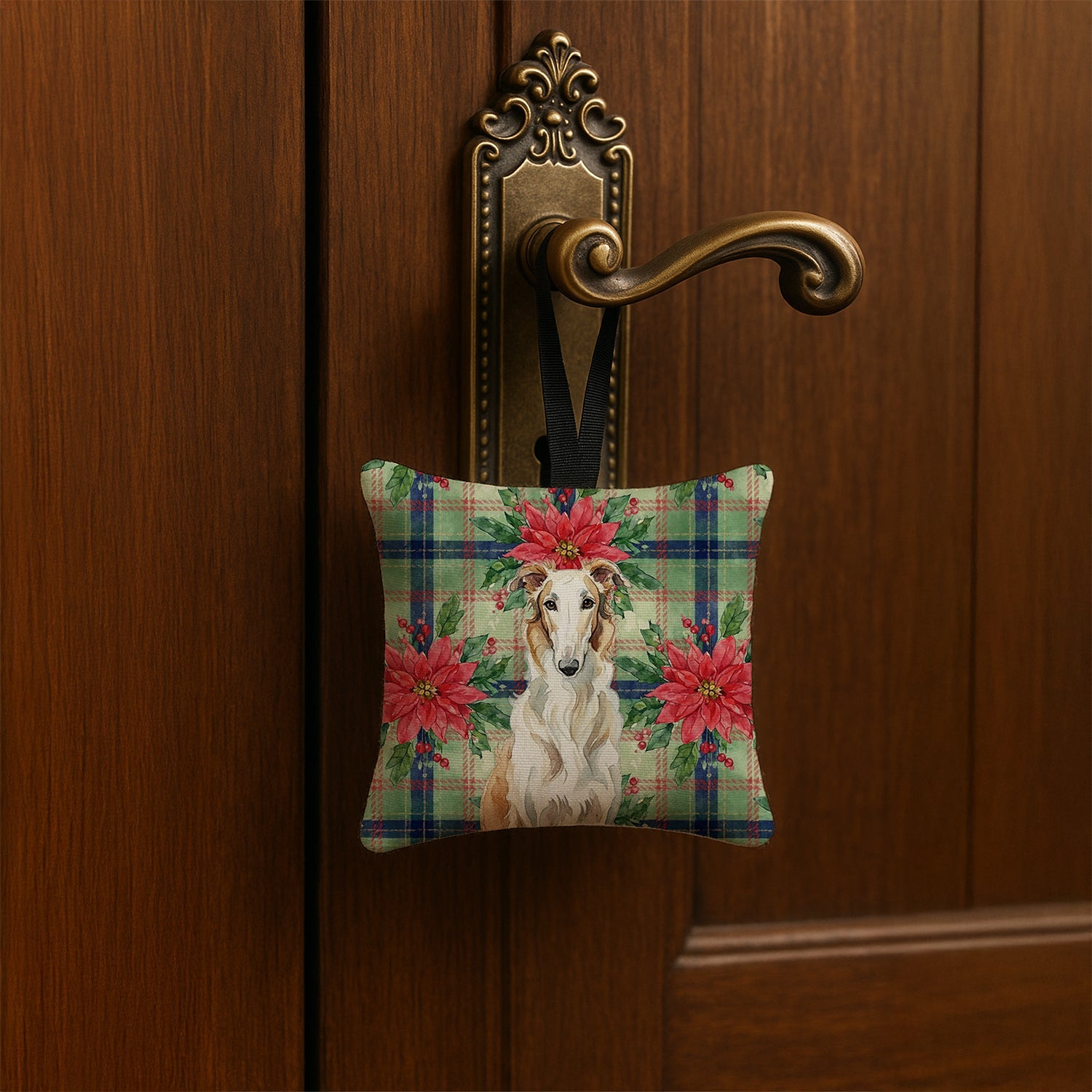 Borzoi Christmas PoinsettIas Hanging Square Fabric Ornament 3.5 � 3.5 Decorative Door-Knob & Tree Hanger, Soft Fabric