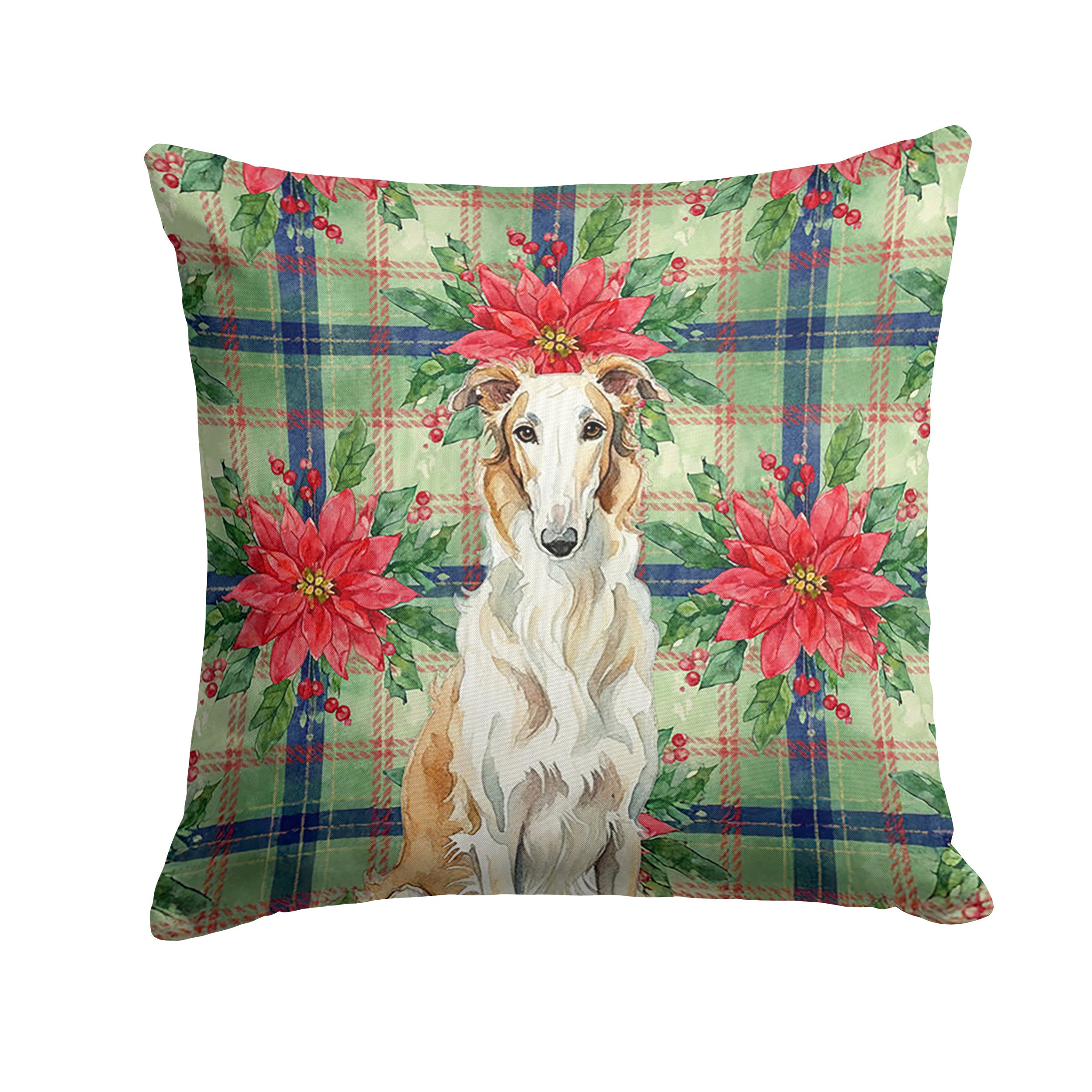 Borzoi Christmas PoinsettIas Decorative Throw Pillow 18x18 Indoor Outdoor Accent Cushion, Fabric Cover with Insert for Sofa, Bed, Porch & Living Room