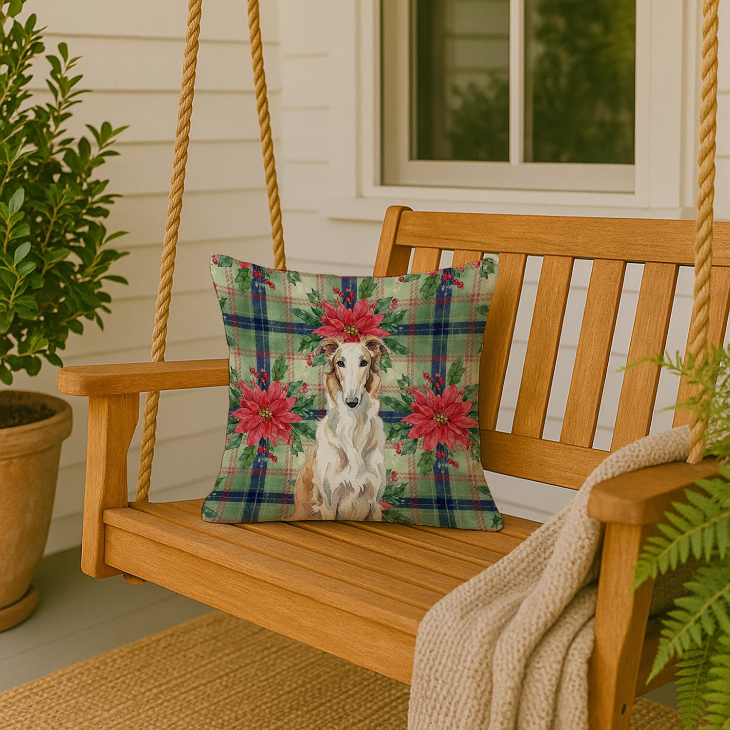 Borzoi Christmas PoinsettIas Decorative Throw Pillow 18x18 Indoor Outdoor Accent Cushion, Fabric Cover with Insert for Sofa, Bed, Porch & Living Room