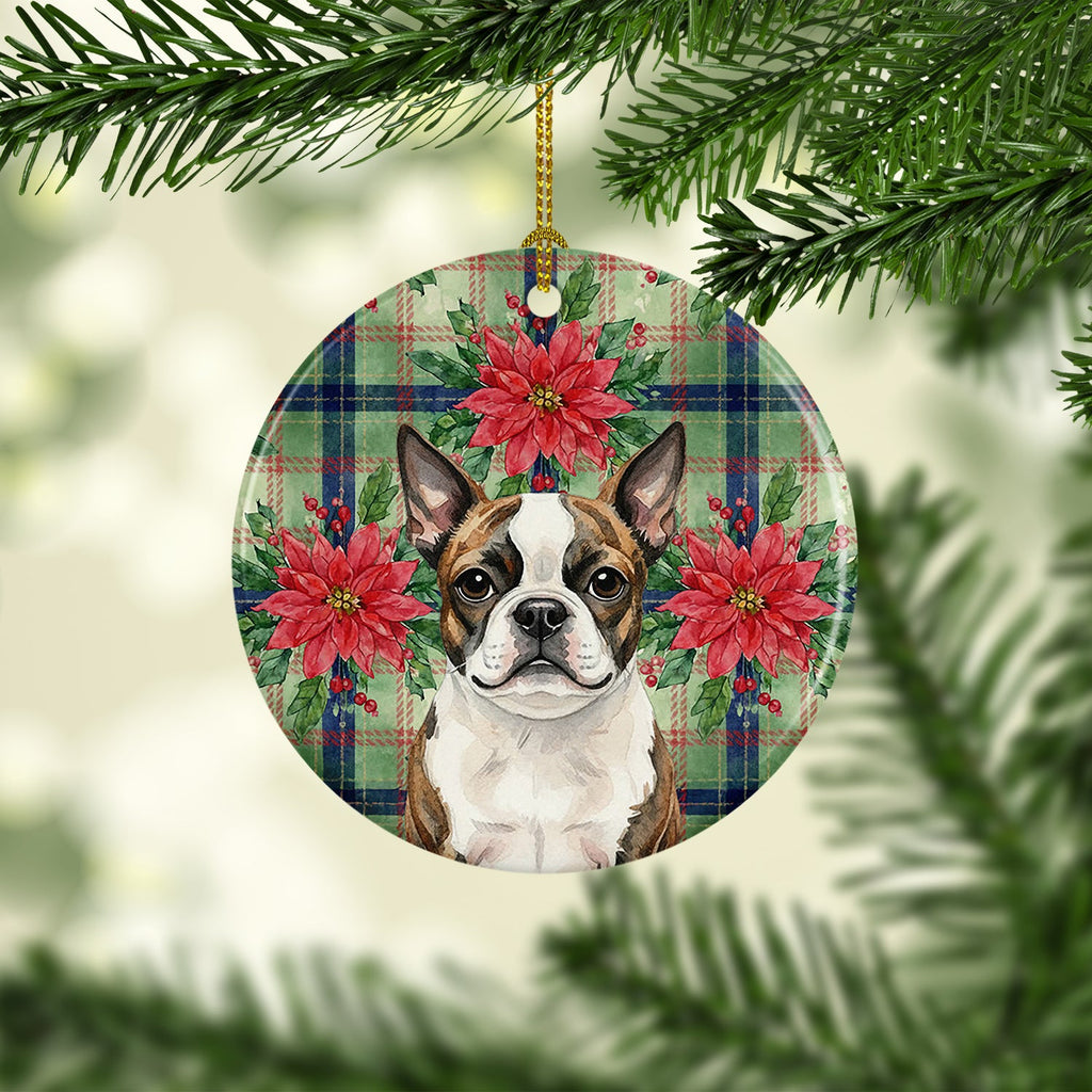 Brindle Boston Terrier Christmas PoinsettIas Ceramic Ornament Christmas Tree Hanging Decorations for Home Christmas Holiday, Party, Gift, 3 in, Multicolor