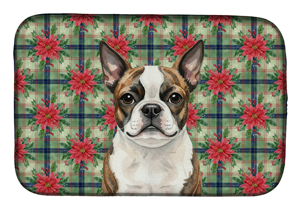 Brindle Boston Terrier Christmas PoinsettIas Dish Drying Mat Absorbent Dish Drying Mat Pad for Kitchen Counter Dish Drainer Mat for Countertop, 14 x 21", Multicolor