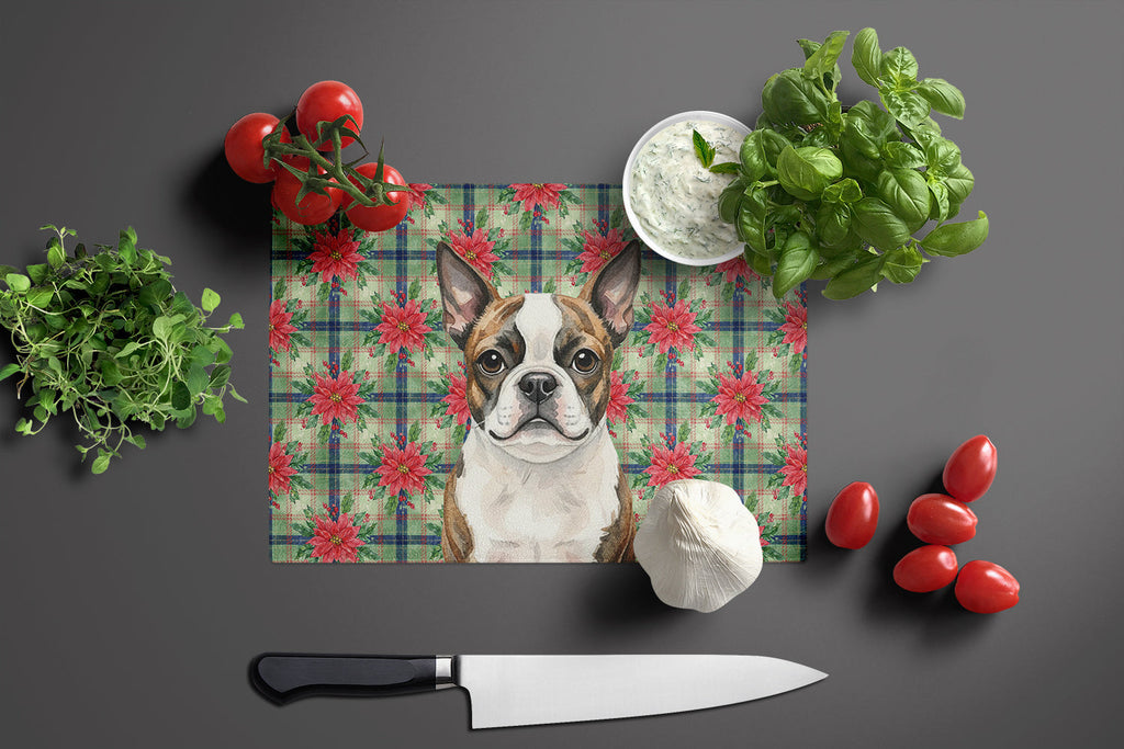 Brindle Boston Terrier Christmas PoinsettIas Cutting Board Tempered Glass Kitchen Cutting Surface, Heat Resistant Chopping, Non-Slip Feet, Food Prep & Serving